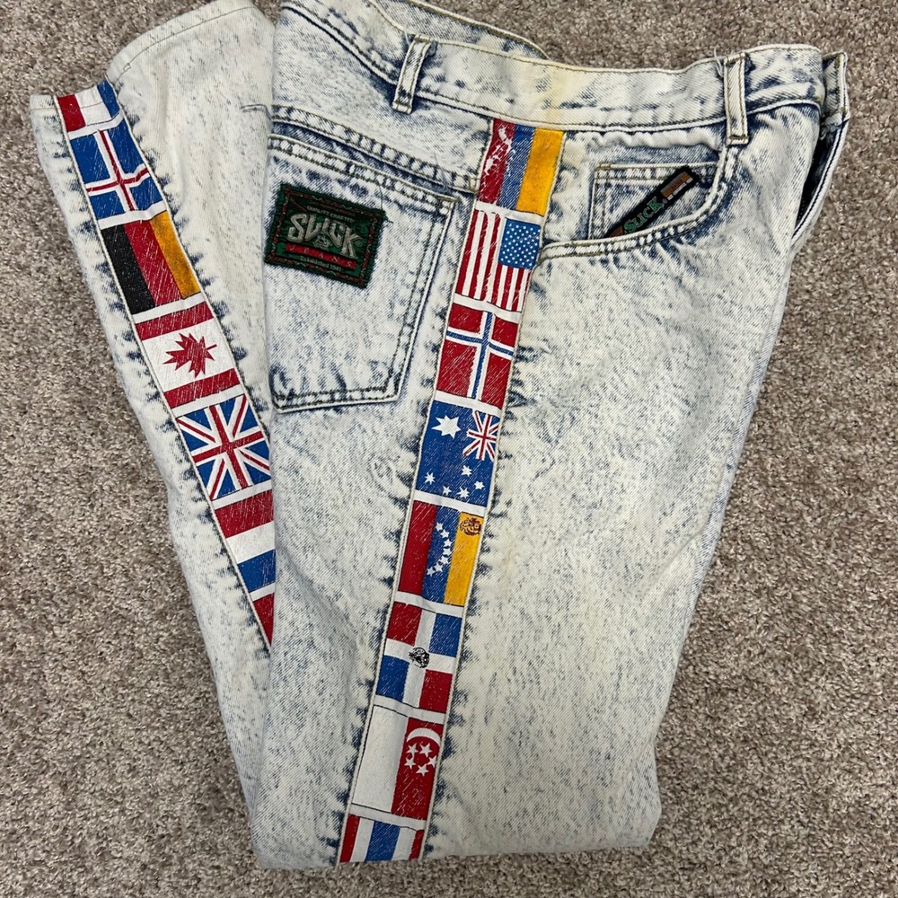 Vintage 90s Slick Jeans‎ Acid Wash International Flag Stripe Jeans Measure 28x30
